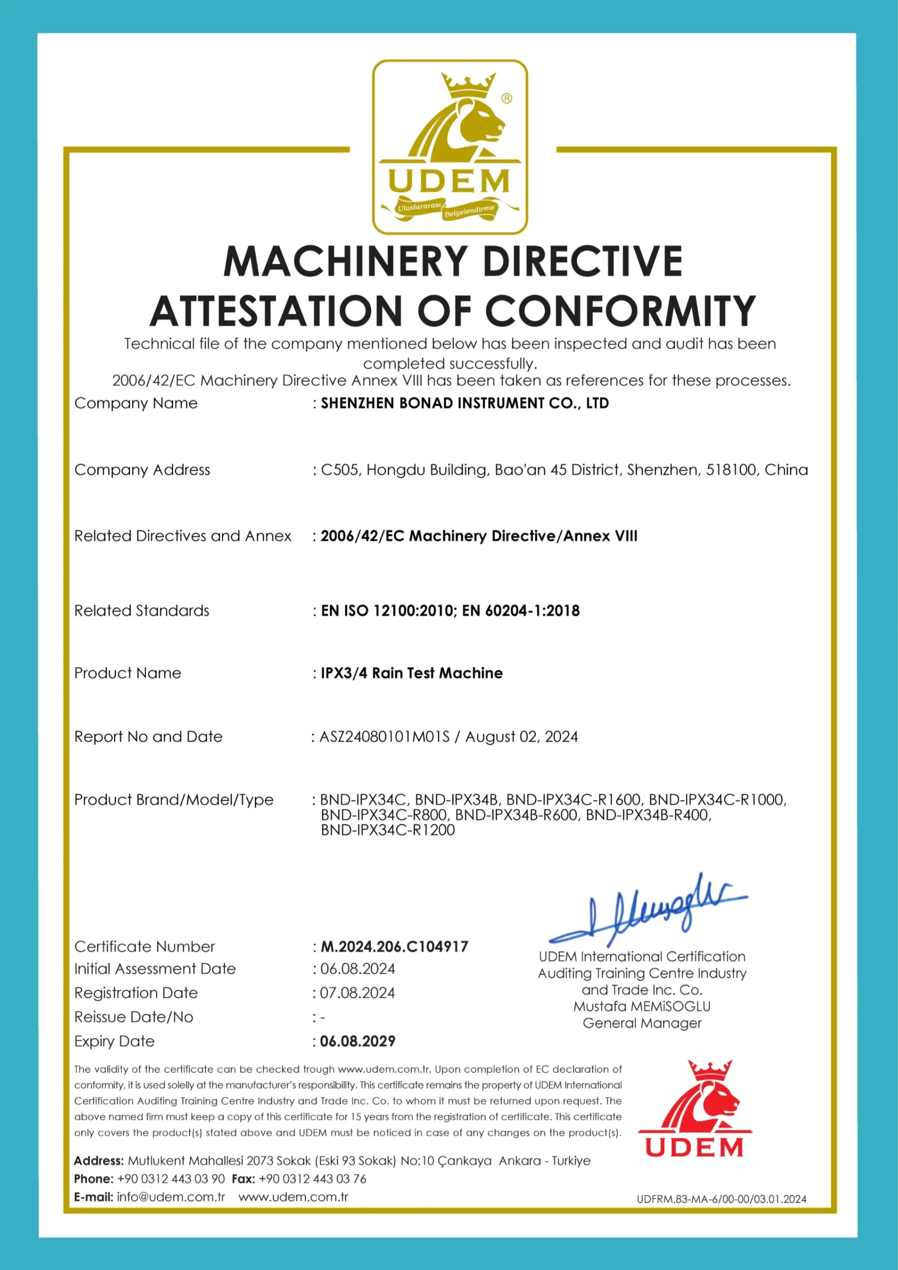 Machinery Directive conformity certificate for BONAD IPX3 IPX4 oscillating tube test chamber