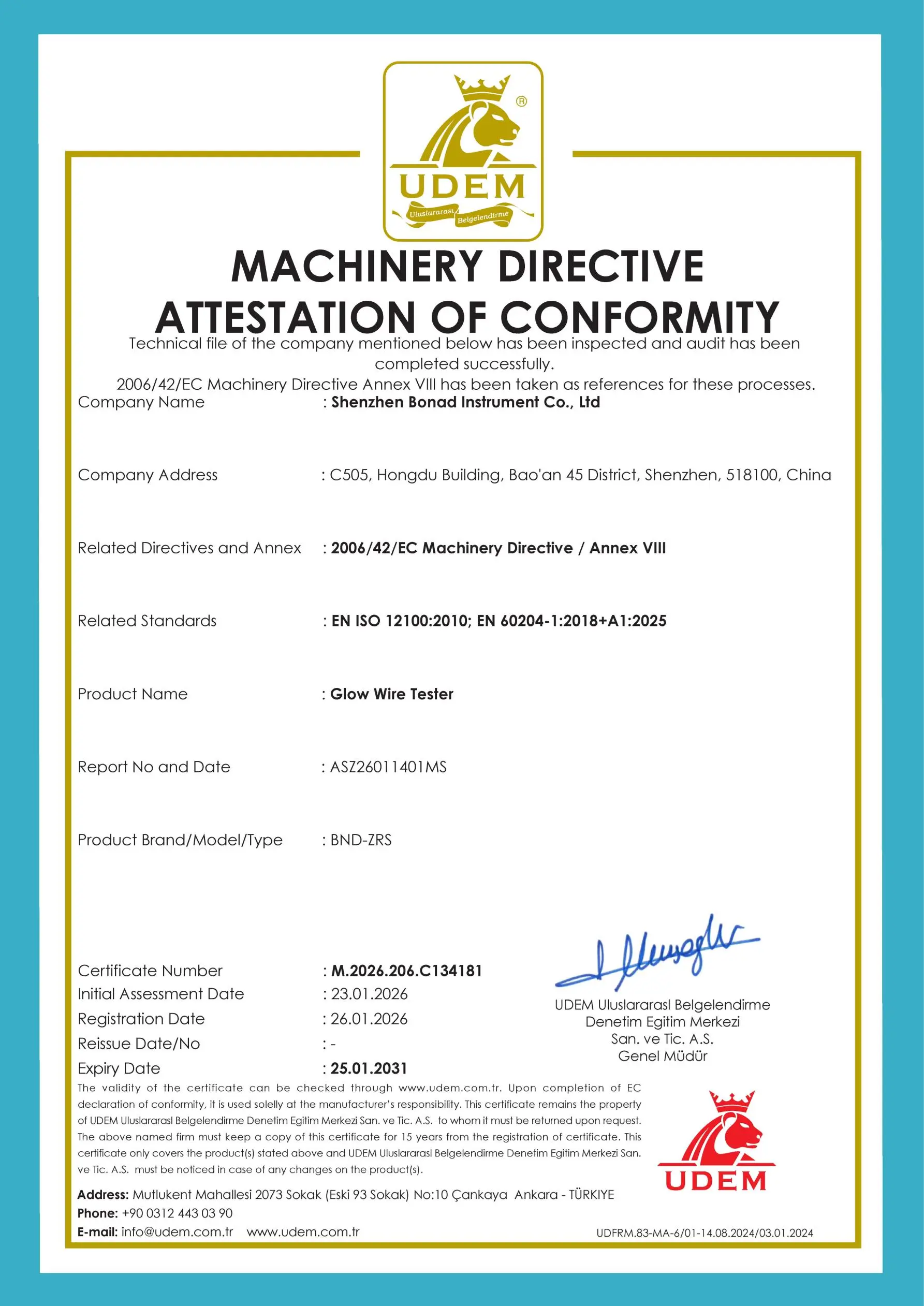 Machinery Directive conformity certificate for the BONAD BND-ZRS glow wire tester.
