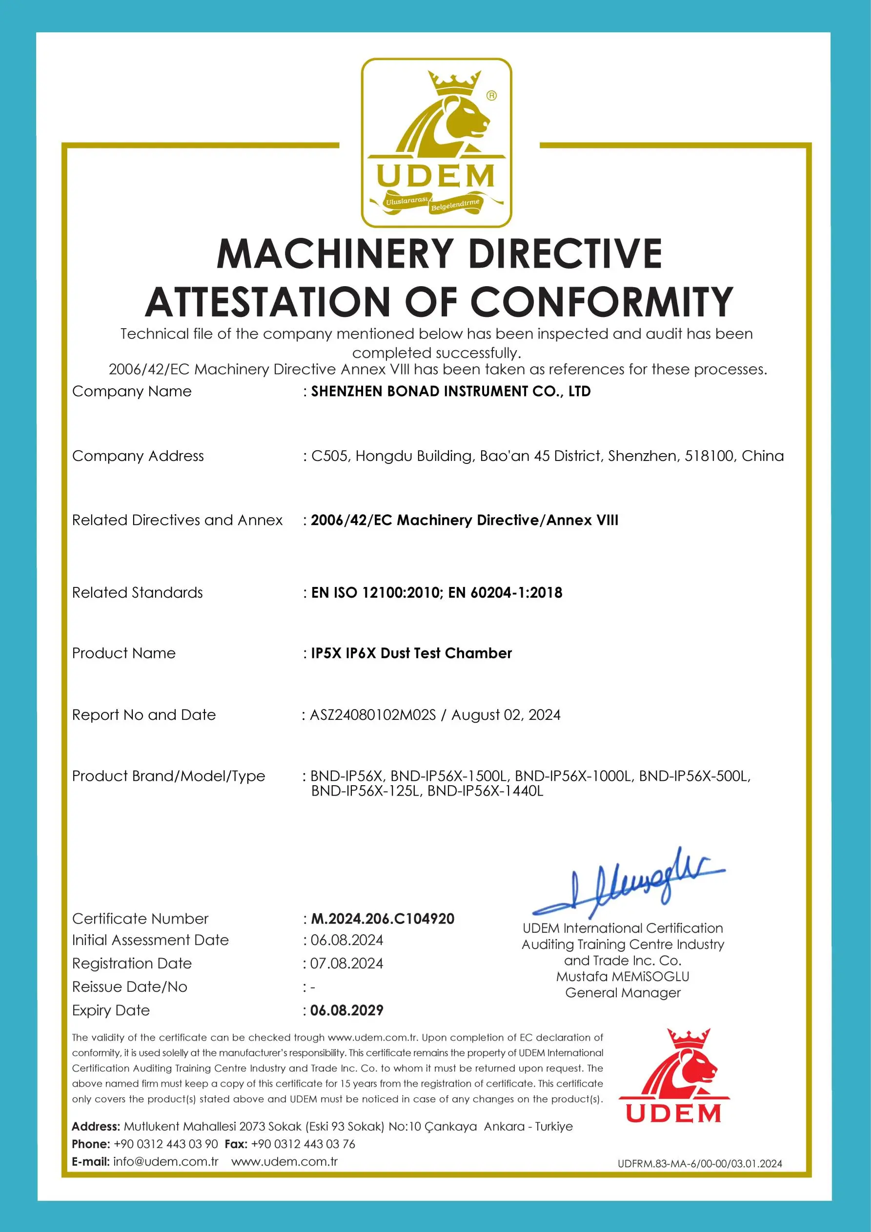Machinery Directive conformity certificate for BONAD BND-IP56X IP5X IP6X dust test chamber, covering 2006/42/EC, EN ISO 12100 and EN 60204-1.