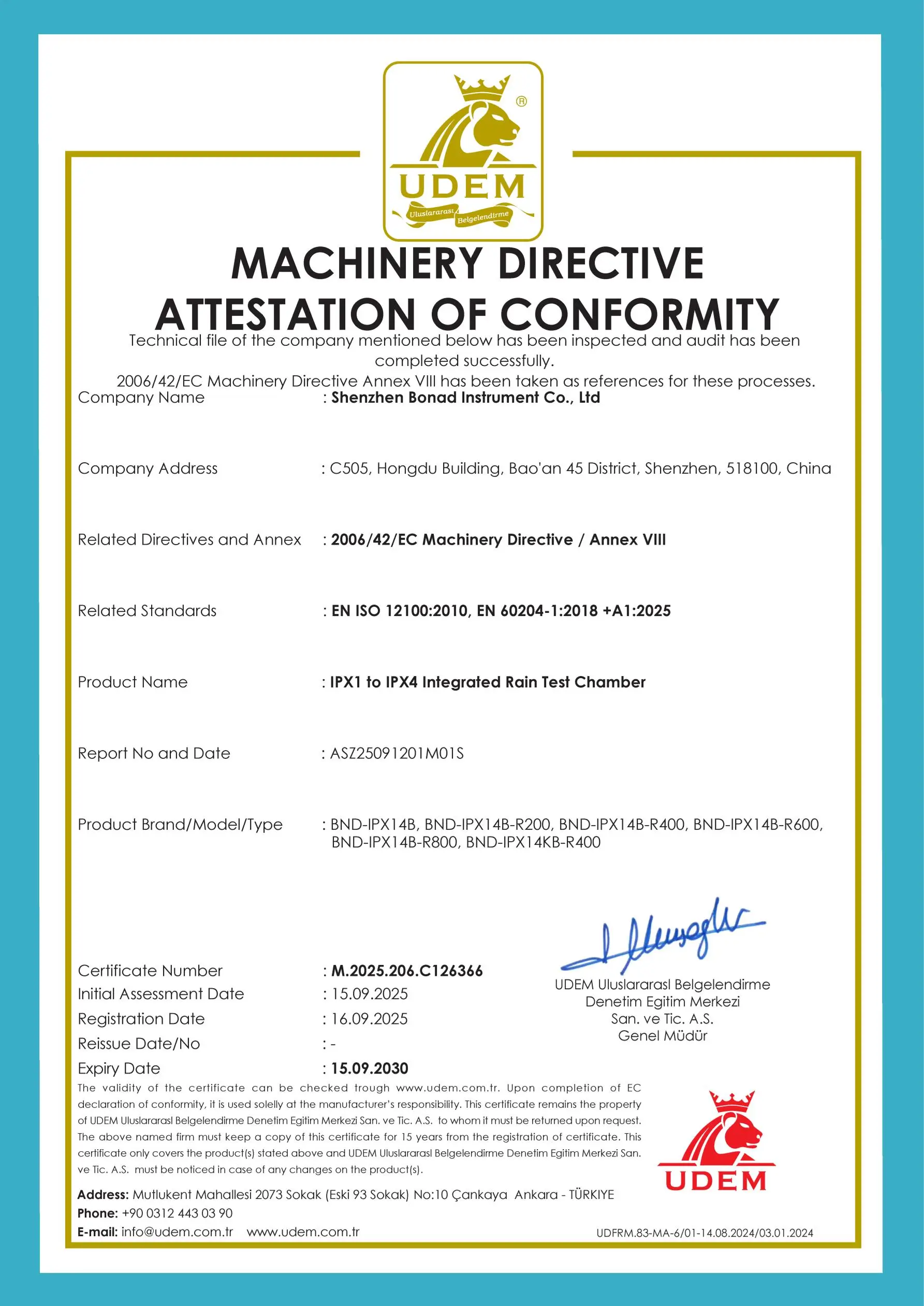 Certificat de conformité à la directive Machines pour la chambre d'essai de pluie intégrée BONAD IPX1 à IPX4