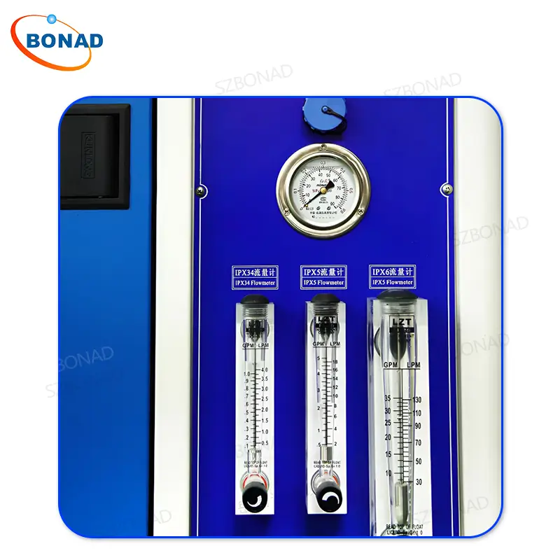ipx3-ipx6-waterproof-test-machine-flow-pressure-display IPX3–IPX6 waterproof test machine water flow and pressure display showing flow meters and pressure gauges