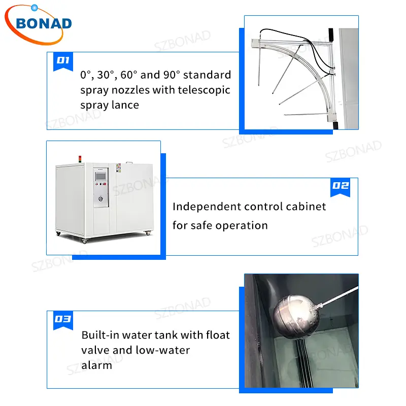 Close-up detail of IPX9K waterproof test chamber for IEC 60529 compliant testing