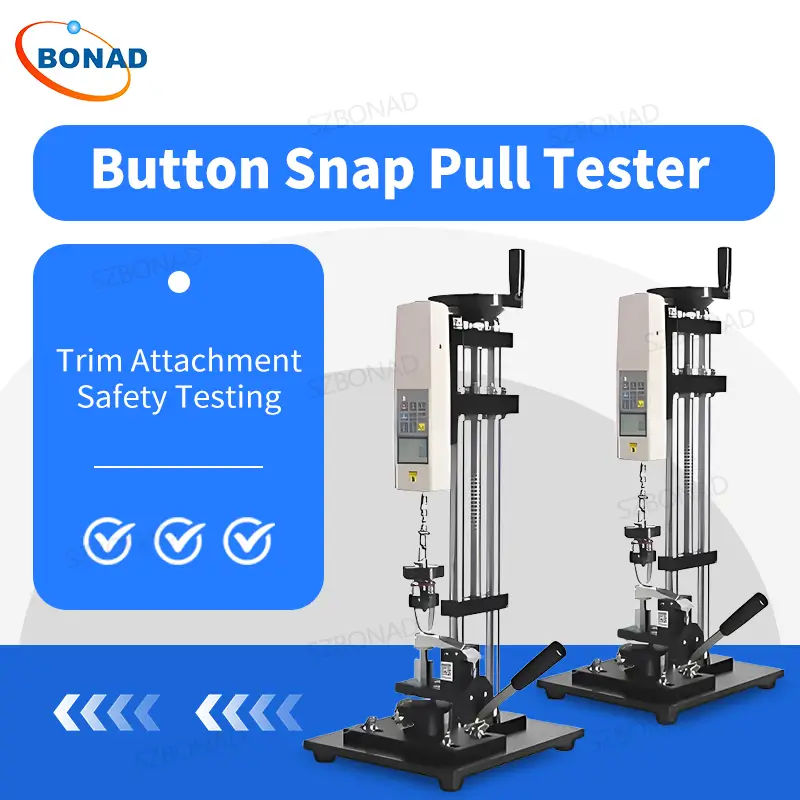 Button snap pull strength tester for garment buttons snap fasteners rivets and accessory attachment safety testing