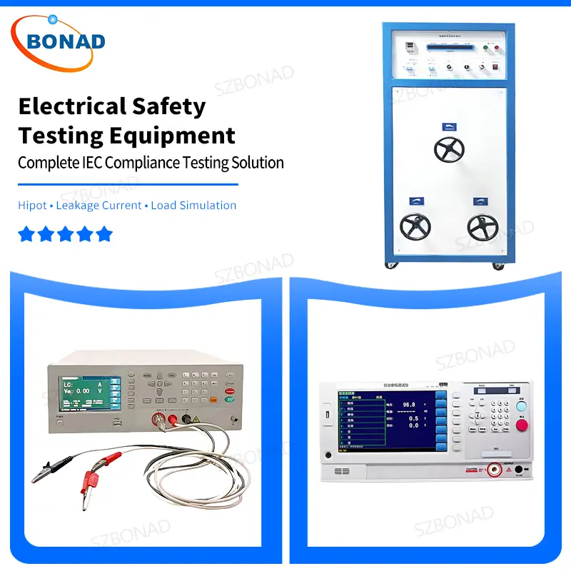 Electrical safety testing equipment including comprehensive tester leakage current tester and power supply load cabinet for IEC compliance laboratory