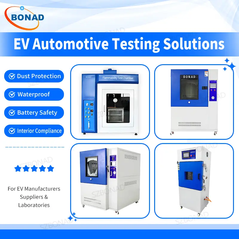 EV automotive testing equipment including dust chamber, IPX9K waterproof chamber, battery testing systems and interior flammability tester