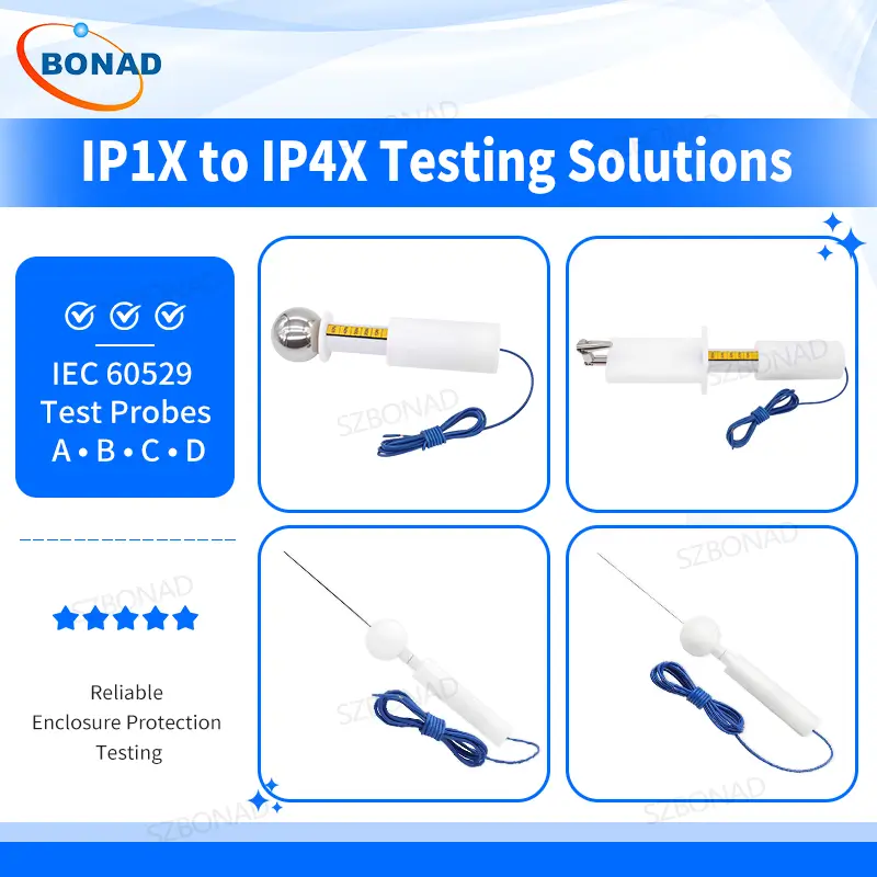 IEC 60529 IP1X to IP4X test probes including Probe A Probe B Probe C and Probe D for enclosure ingress protection testing