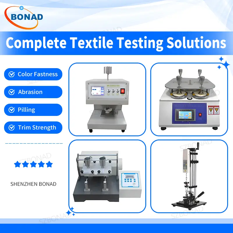 Professional textile testing equipment including Martindale abrasion tester, crockmeter, button snap pull tester and circular rubbing colour fastness tester for fabric quality control laboratories