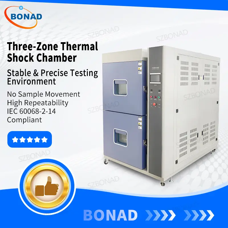 three zone thermal shock test chamber compliant with IEC 60068-2-14 for high precision laboratory and certification testing