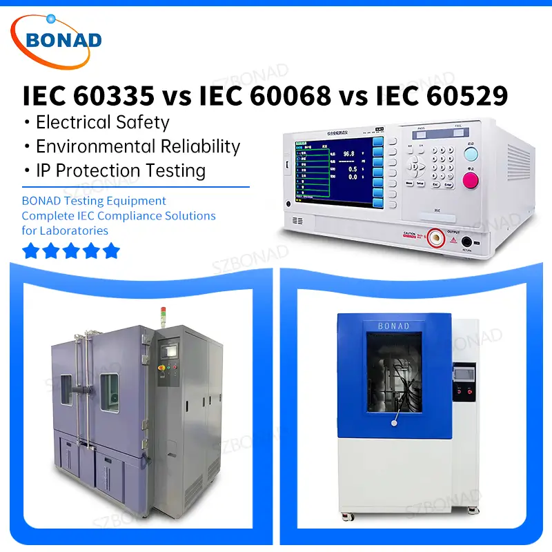 IEC 60335 IEC 60068 IEC 60529 testing standards comparison with electrical safety, environmental test chamber and IP waterproof test equipment solutions