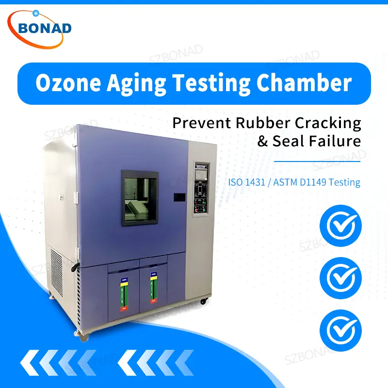 Ozone aging test chamber for rubber crack resistance testing of seals, tires and elastomer materials under controlled ozone environment