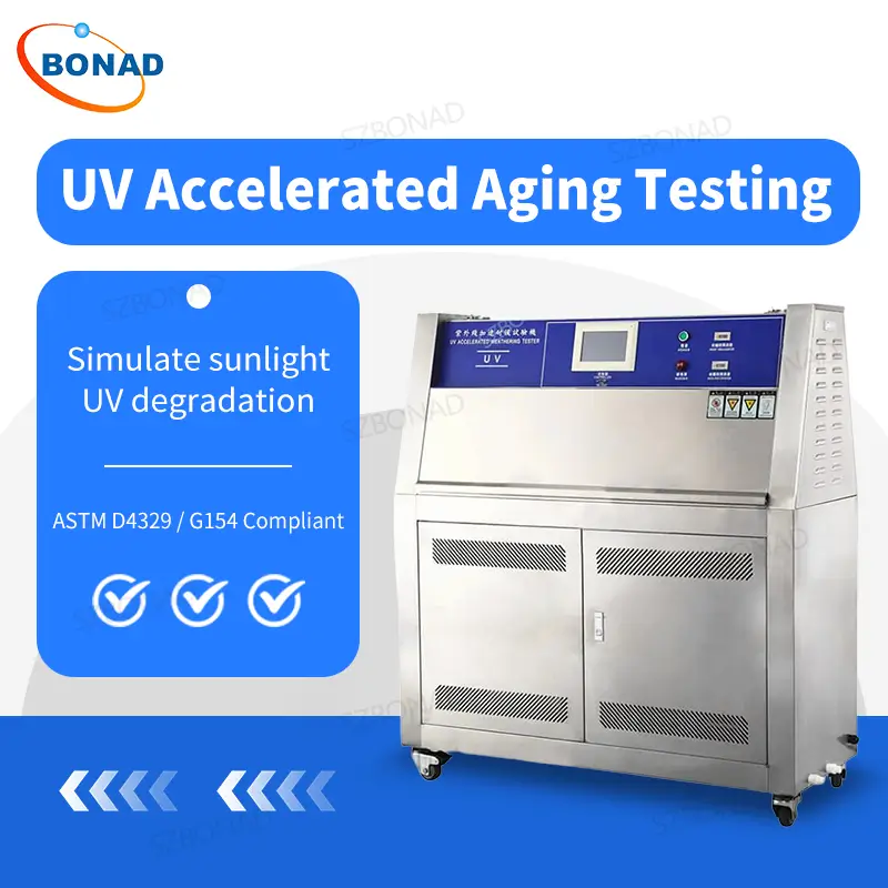 UV weathering test chamber for accelerated UV aging of plastics, coatings and polymer materials according to ASTM D4329 standard