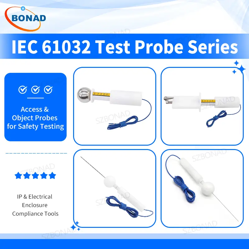 Full range of IEC 61032 test probes for enclosure safety and IP protection testing