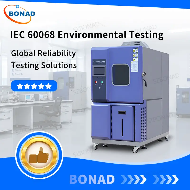 IEC 60068 environmental testing overview showing thermal shock chamber humidity chamber and vibration test equipment for reliability testing