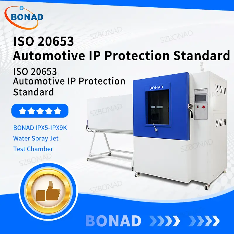 IEC 60529 vs ISO 20653 ingress protection testing standards comparison with BONAD IPX5-IPX9K waterproof test chamber