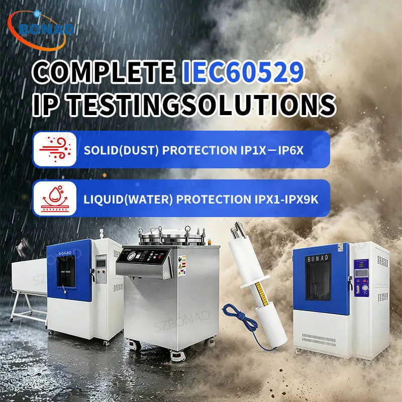 Complete IEC 60529 IP testing equipment covering IP1X-IP6X solid dust protection and IPX1-IPX9K water ingress testing systems