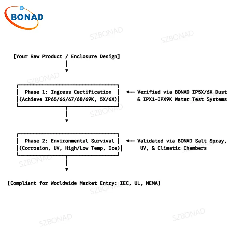 Integrated IP and NEMA enclosure compliance workflow including IEC 60529 ingress testing, ASTM B117 corrosion testing, UV aging and climatic chamber validation