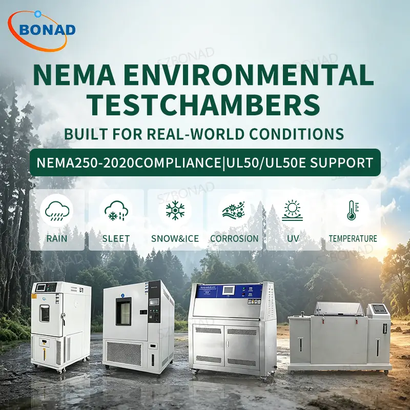 NEMA 250-2020 environmental test chambers for rain, sleet, snow, ice, corrosion, UV and temperature compliance with UL 50 and UL 50E